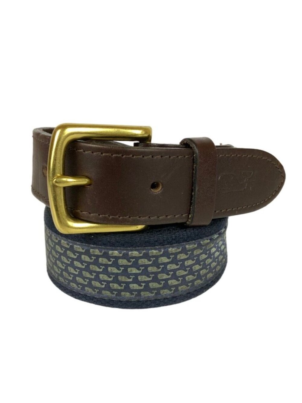 Vineyard Vines Blue Ribbon Nautical Whale Belt Size 32 Leather Brass Buckle USA